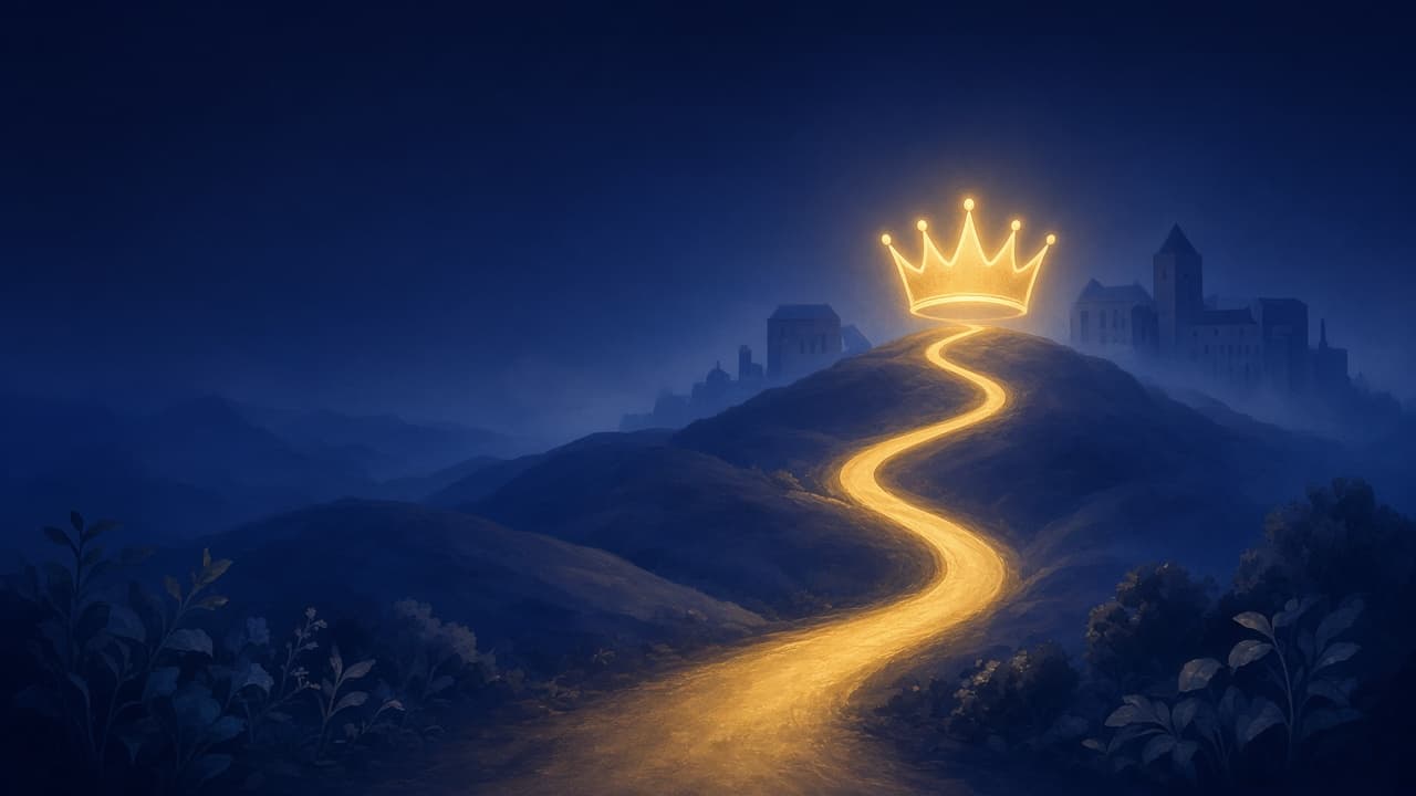 A glowing path leading toward a crown on the horizon