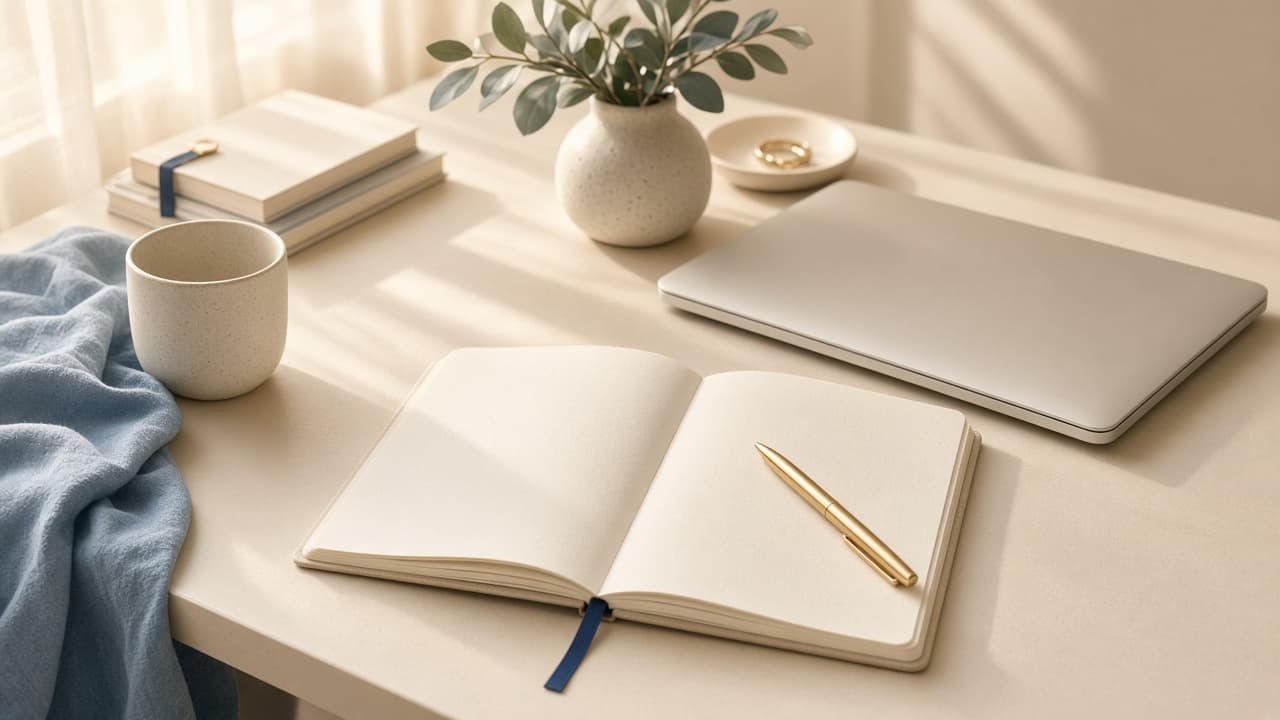 Calm study desk with notebook and soft morning light